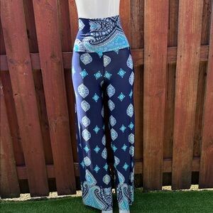 Uptown USA Elegant Wide Leg Paisley Pants in Navy and Teal Size S